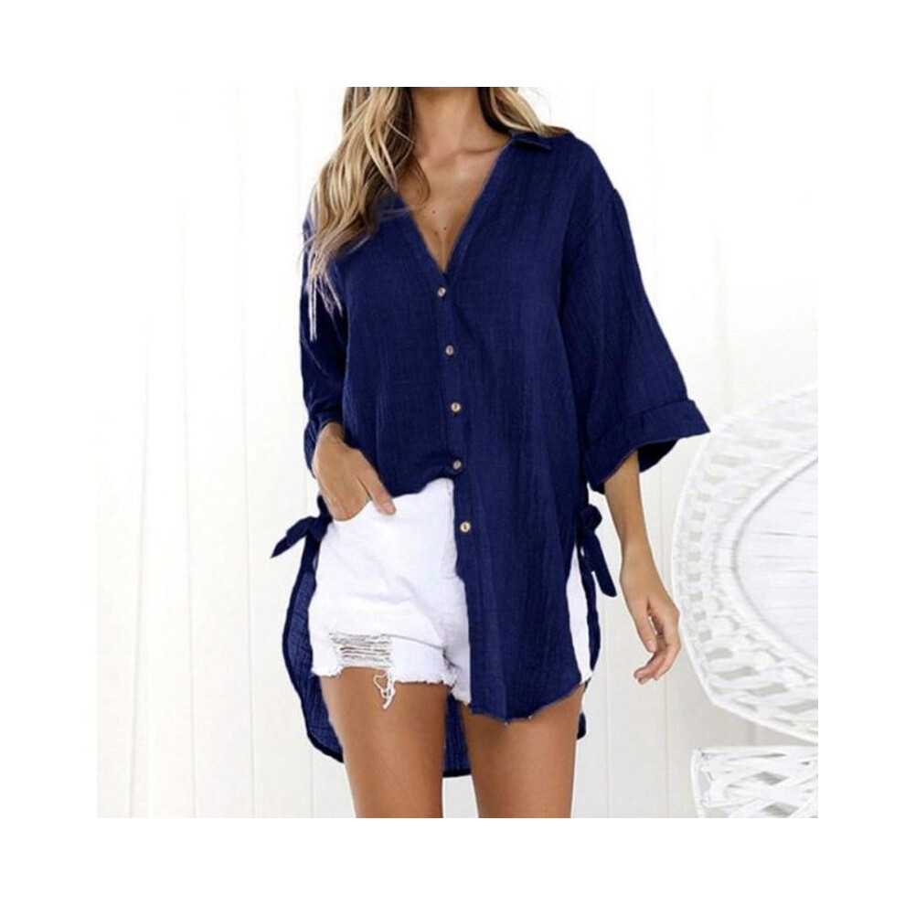 (Navy,3XL)Robe chemise longue à boutons amples pour femmes hauts décontractés t-shirts chemisiers