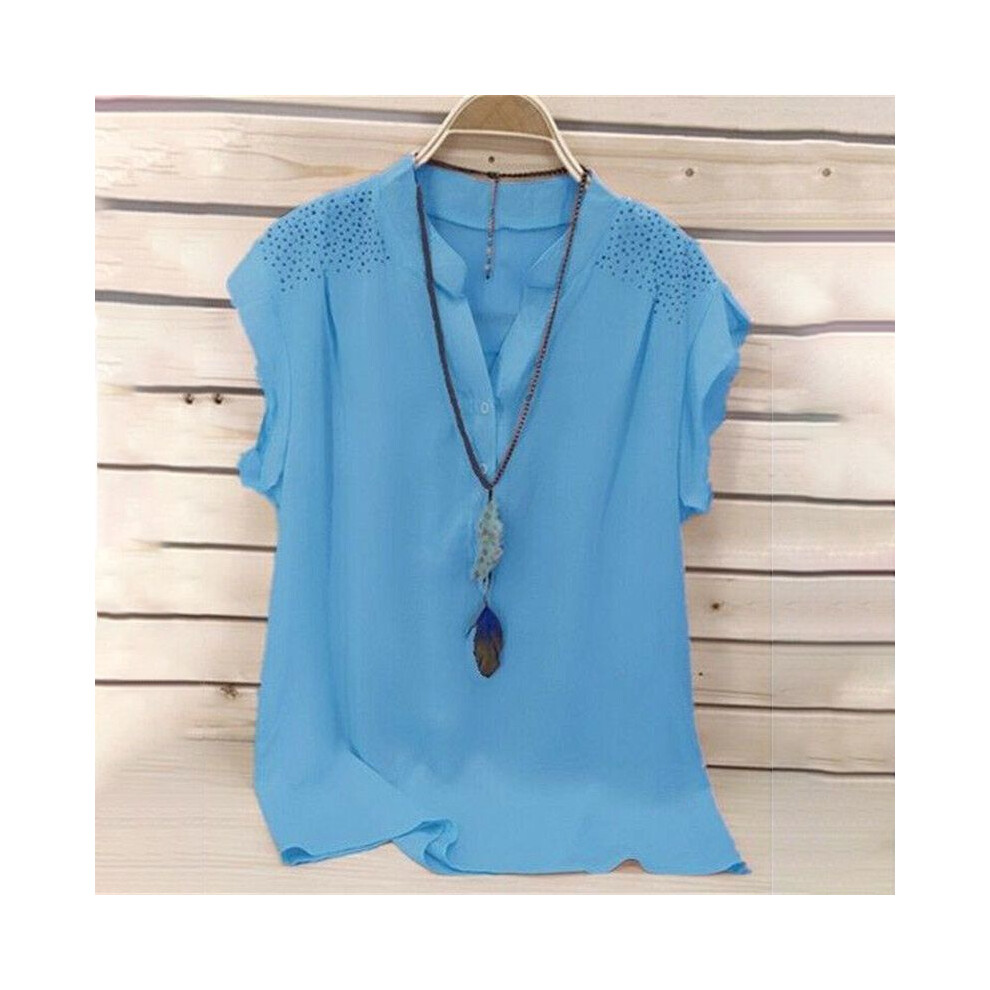 (Blue,2XL)T-shirt femme été boutonné col V manches courtes femme grande taille chemisier hauts