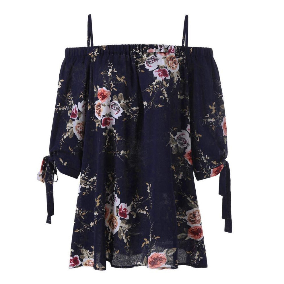 (Navy,XL)Chemisier froid camis décontracté femme grande taille imprimé floral mode hauts épaules