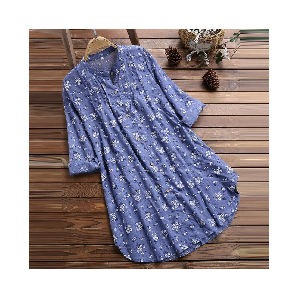(Blue,2XL)Chemise décontractée en lin imprimé floral à manches longues col v pour femme chemisier ample