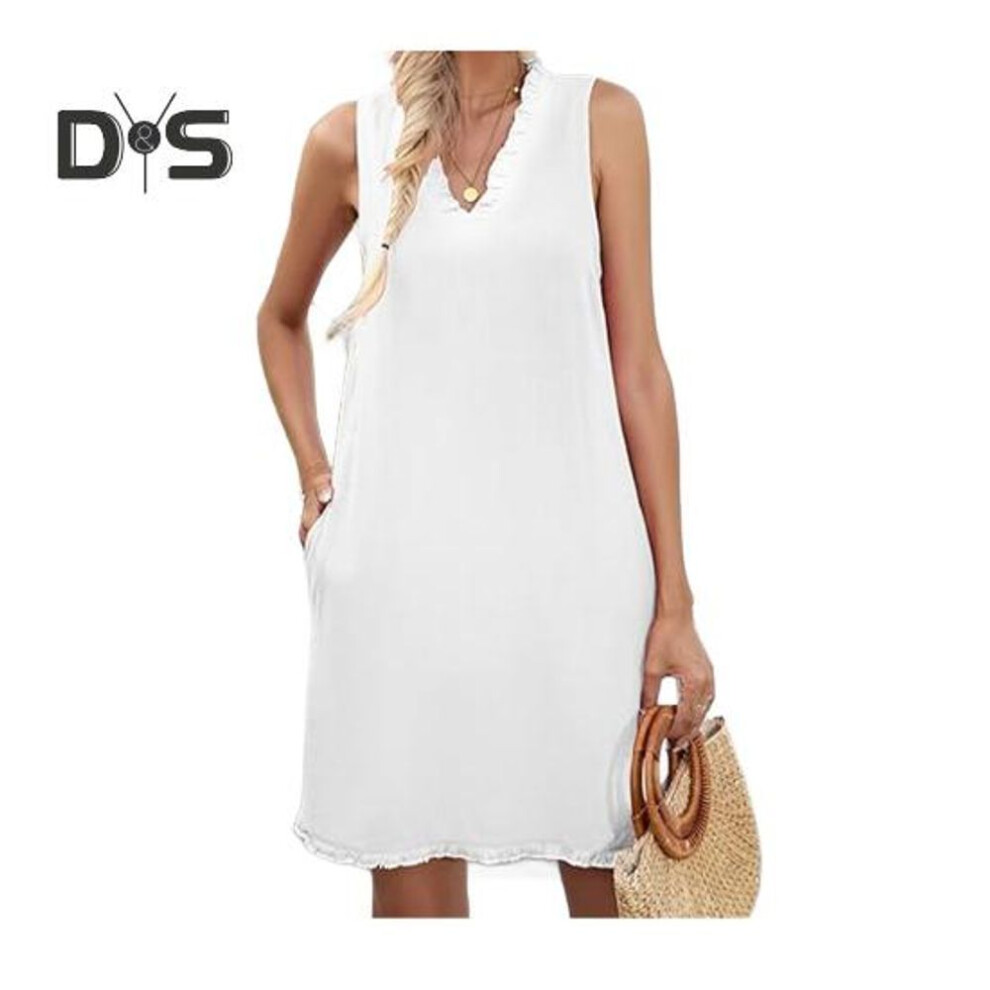 (white, S) Women Summer Dress with Pockets Shirring V Neck Sleeveless Solid Color A-line Ripped Hem Midi Dress Daily Beach Dress