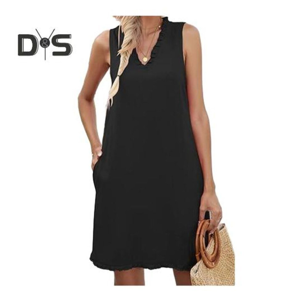 (black, 2XL) Women Summer Dress With Pockets Shirring V Neck Sleeveless Solid Color A-line Ripped Hem Midi Dress Daily Beach Dress