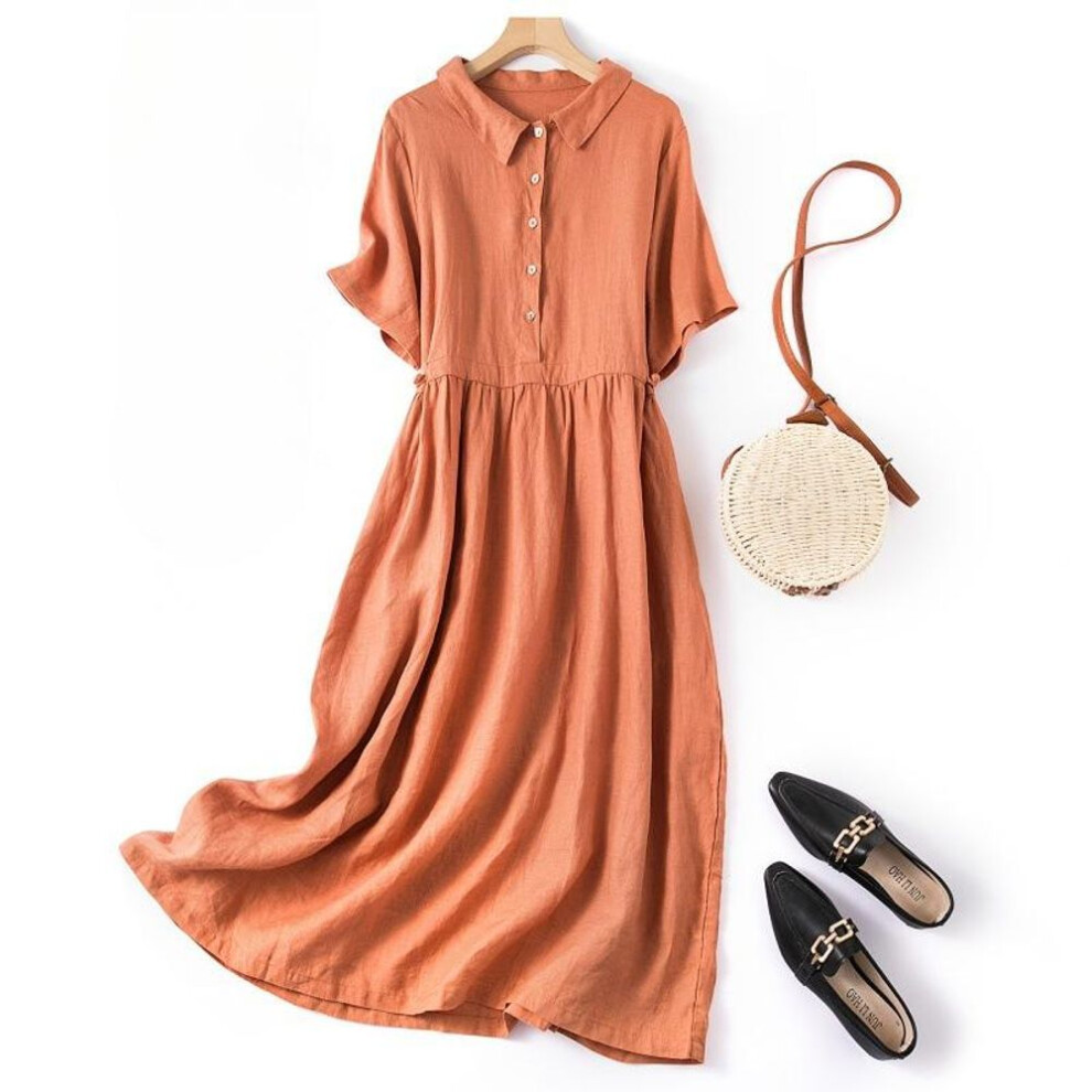 (orange, M) Cotton Linen Korean Version Dress Women's Spring Summer Short Sleeved Shirt Collar Artistic Retro Long Casual Dresses