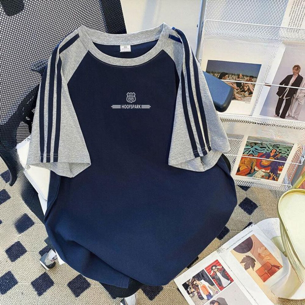 (3XL, navy blue) Plus Size Women's Summer New Style Personality Loose Three Bar Short Sleeved Casual Top