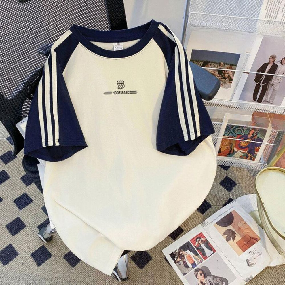 (XL, apricot) Plus Size Women's Summer New Style Personality Loose Three Bar Short Sleeved Casual Top