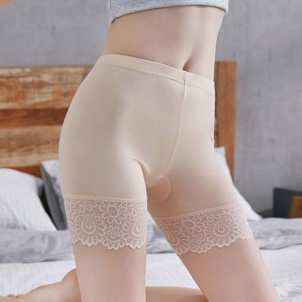 (beige, 2XL) Safety Pants Anti-slip Summer Lace Plus-size Three-point Leggings Thin Safety Pants For Women