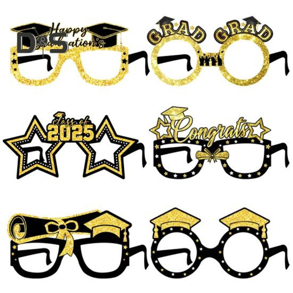 (as the picture, A) 6 Pcs Black And Gold Graduation Glasses Class Of 2025 Grad Eyeglasses For Graduation Party Decoration Photo Booth Props