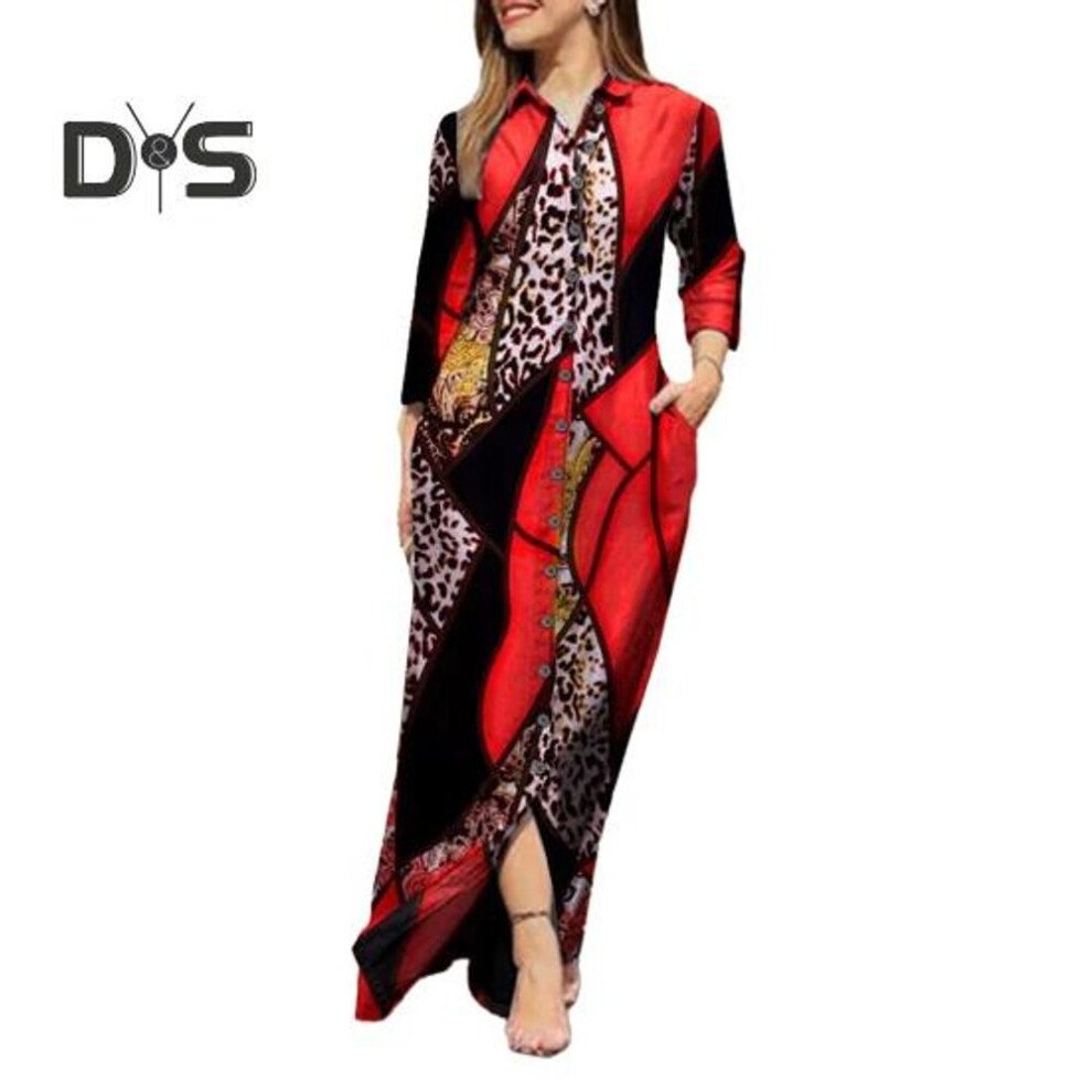 (red, 3XL) Women Spring Autumn Shirt Dress Lapel Long Sleeve Pocket Single Breasted Maxi Dress Leopard Geometric Patchwork Print Dress