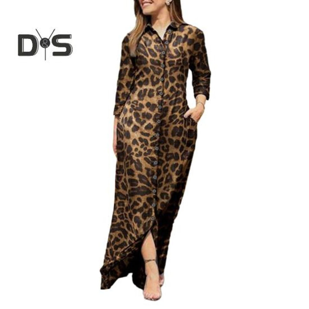 (coffee, M) Women Spring Autumn Shirt Dress Lapel Long Sleeve Pocket Single Breasted Maxi Dress Leopard Geometric Patchwork Print Dress