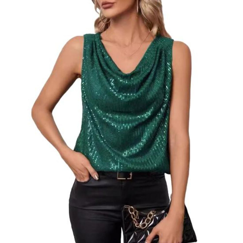 (M, green) Women Tank Tops Sequin V-neck Sleeveless T-shirt Shiny Glitter Blouses Sexy Cami Tops For Cocktail Party Clubwear Evening