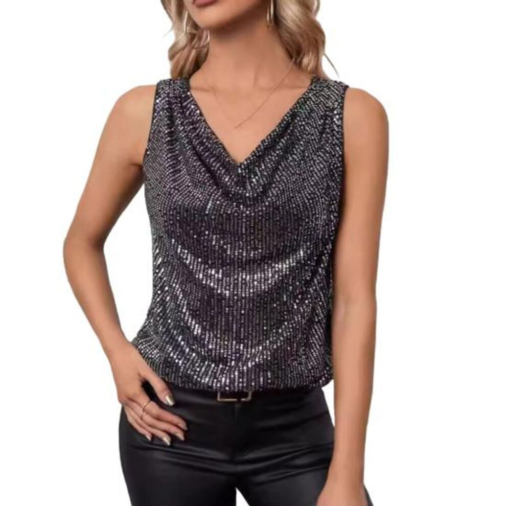 (XL, black) Women Tank Tops Sequin V-neck Sleeveless T-shirt Shiny Glitter Blouses Sexy Cami Tops For Cocktail Party Clubwear Evening