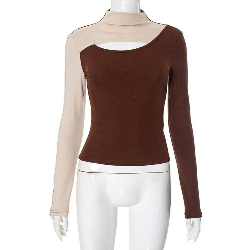 (S, brown) YYFS Women's Fashion Casual Spring Fall Colour Block Print Long Sleeve Half Turtleneck Blouses & Shirts