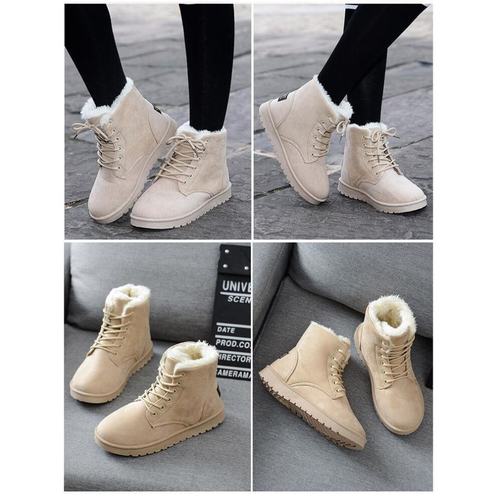 (beige, 37) 2024 Women's Winter Round Toe Lace-up Flat Snow Boots With Velvet Lining