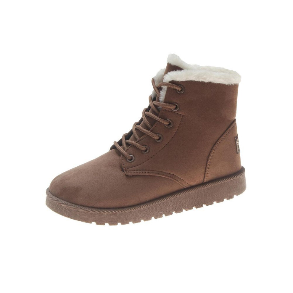(brown, 35) 2024 Women's Winter Round Toe Lace-up Flat Snow Boots With Velvet Lining