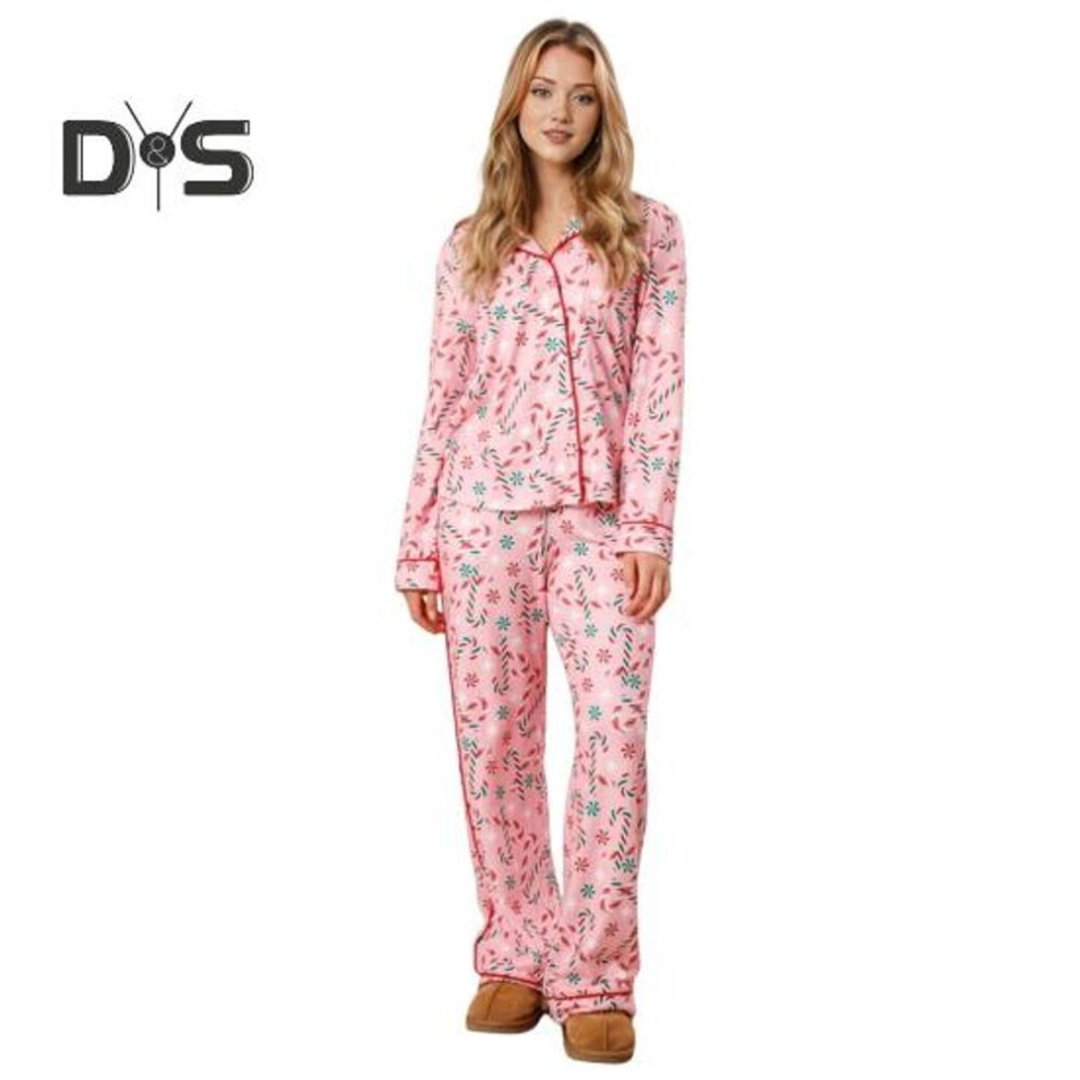 (M, pink) 2 Pcs/set Women Christmas Pajama Set Santa Print Lapel Long Sleeves Single-breasted Loose Shirt Elastic Waist Loose Wide Leg Homewear Clothes Nightie