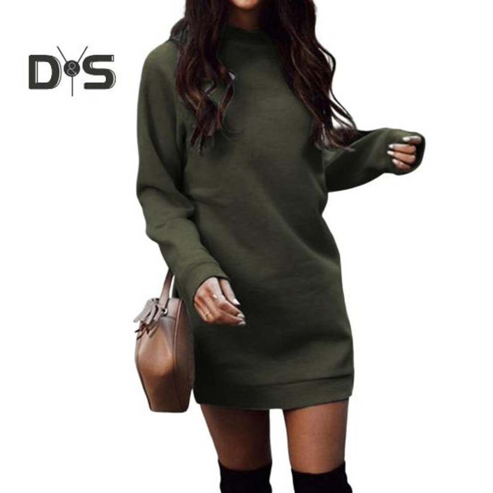 (army green, 2XL) Fall Winter Dress Thickened Plush Solid Color Loose Round Neck Stretchy Hem Cuff Pullover Above Knee Length Daily Wear Mini Dress