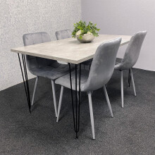 Grey Dining Table with Hairpin Legs & 4 Grey Velvet Chairs Set