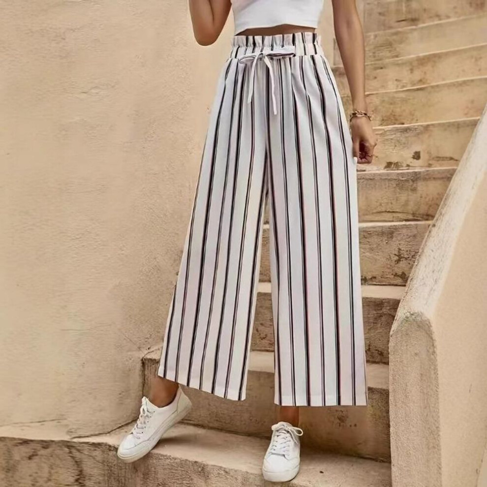 (white, XXXL) Women's Summer Elegant Casual Striped High-waisted Wide-leg Pants