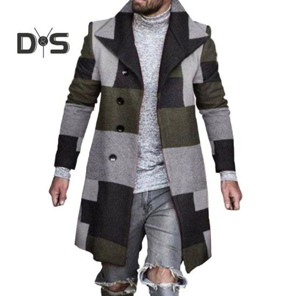 (black gray, L) Men Woolen Coat Lapel Long Sleeve Plaid Print Single Breasted Closure Outerwear Mid-Length Design Formal Overcoat