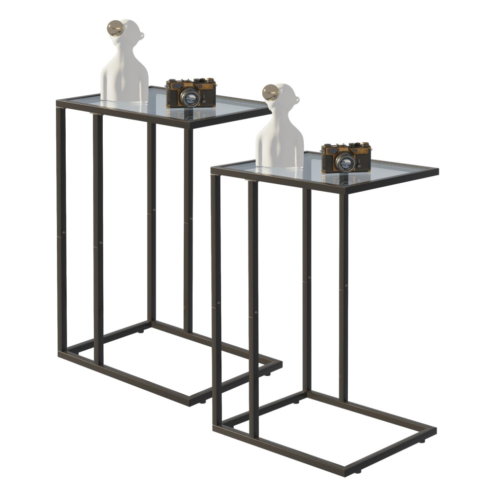 Easy Paws Lot de 2 tables d'appoint en forme de C en verre tremp    avec cadre en m   tal Table d'appoint pour canap    Style moderne Noir
