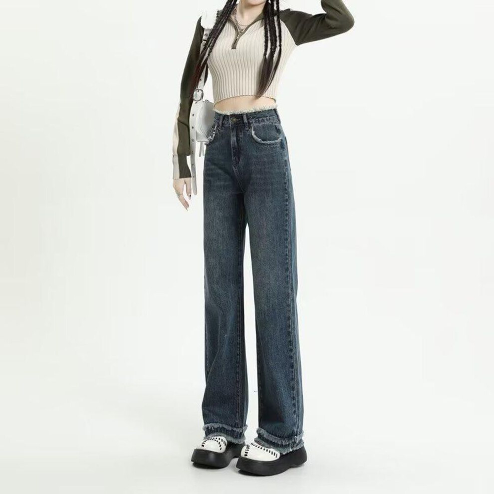 (blue, 2XL) Autumn 2023 Women's High-Waist Retro Wide-Leg Jeans