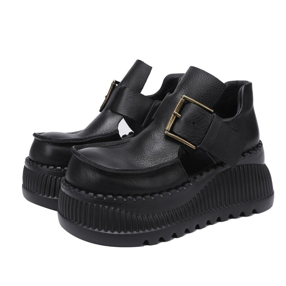 (black, 38) Johnature Thick Soled Shoes Retro Genuine Leather Pumps Hollowed Out Women's Wedges Platform Shoes
