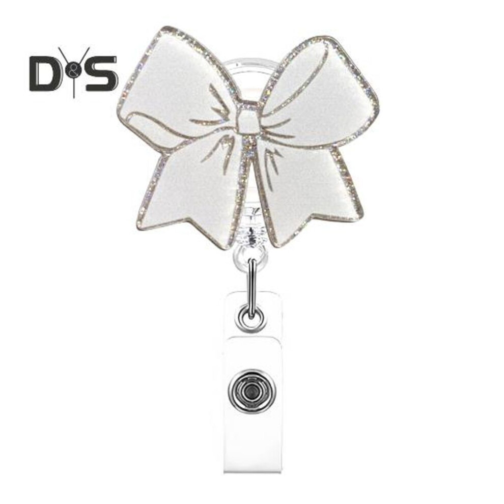(white) Bow Badge Reel For Id Card Badge 360 Degree Rotation Clip Sparkling Non-slip Retractable Badge Holder Clip For Doctor Nurse Medical Staff Office