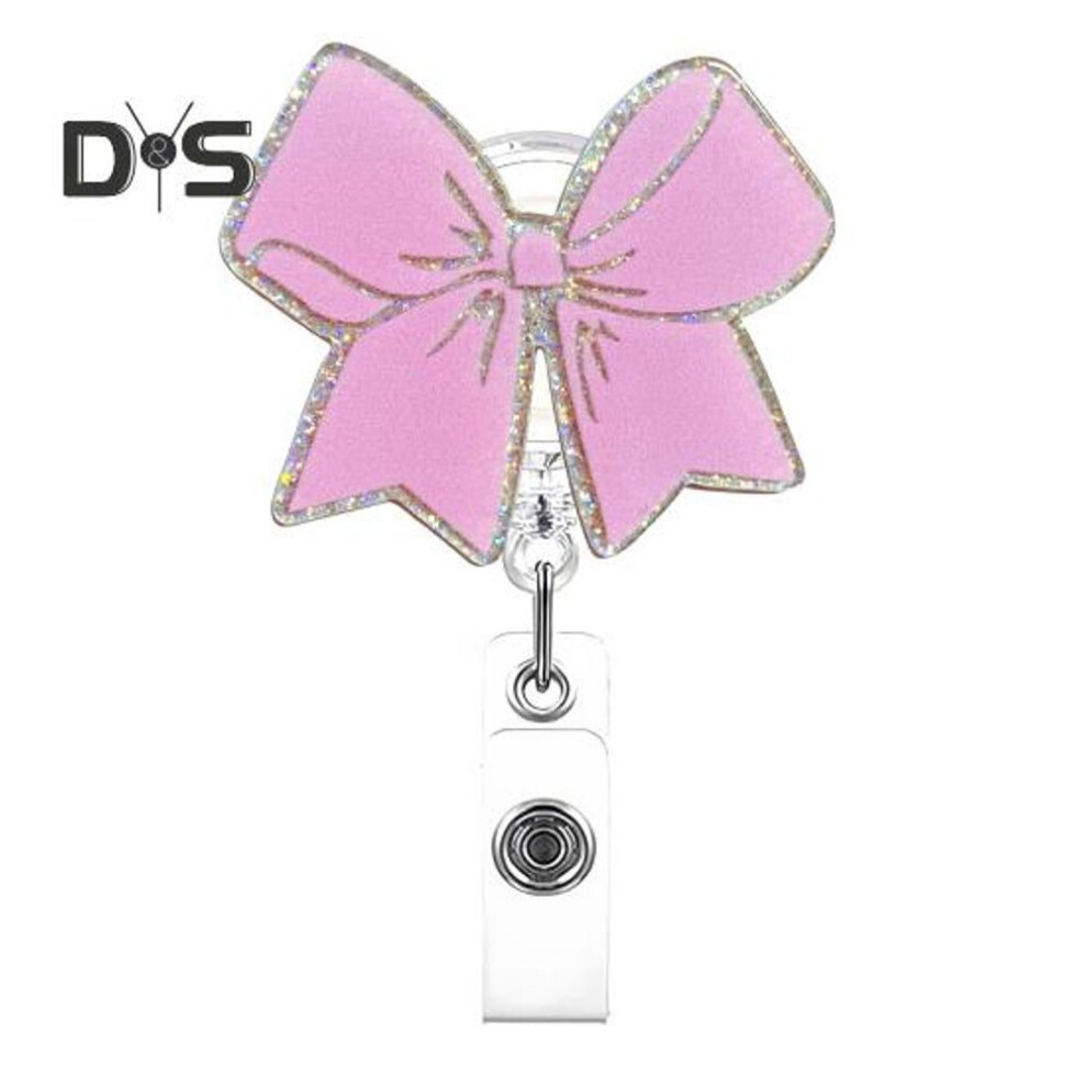 (pink) Bow Badge Reel For Id Card Badge 360 Degree Rotation Clip Sparkling Non-slip Retractable Badge Holder Clip For Doctor Nurse Medical Staff Office