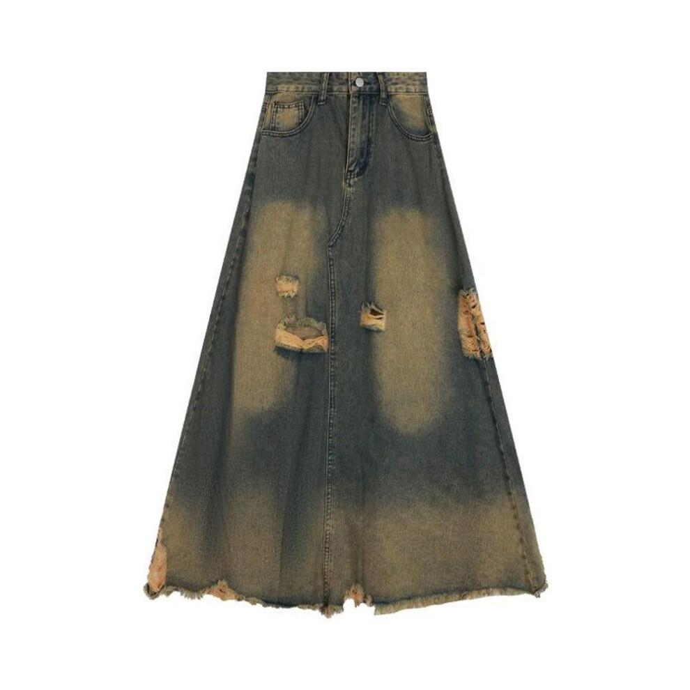 (Large, blue) Women's 2024 Nostalgic Retro High-Waist A-Line Denim Skirt with Raw Edge and Ripped Details
