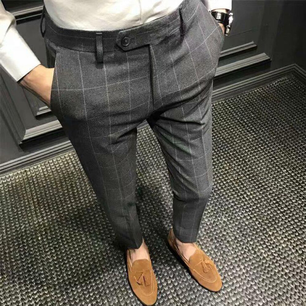 (gray, 32) Men's Slim Korean Style Spring Plaid Trousers - Skinny Nine-point British Style Trendy Suit Pants