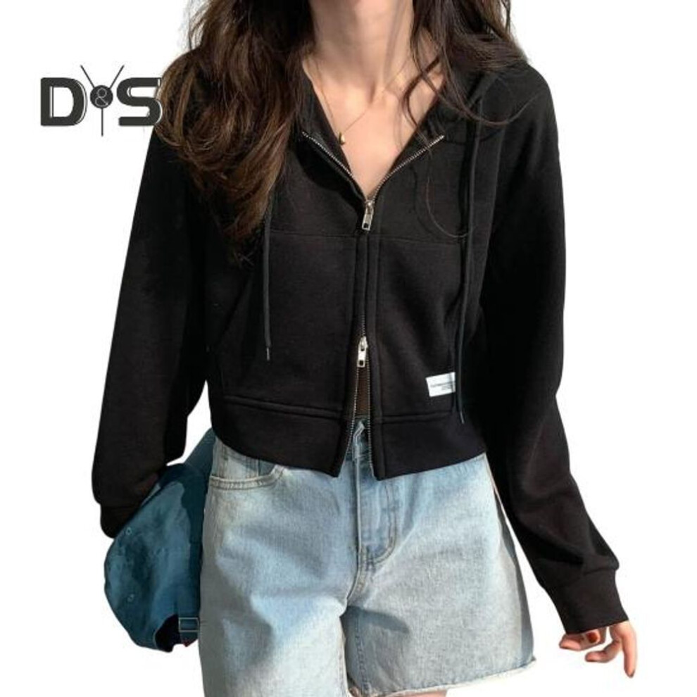 (black) Autumn Spring Women Coat Hooded Drawstring Long Sleeves Pockets Zip-up Elastic Cuff Hem Short Type Sport Hoodie Casual Daily Wear Jacket