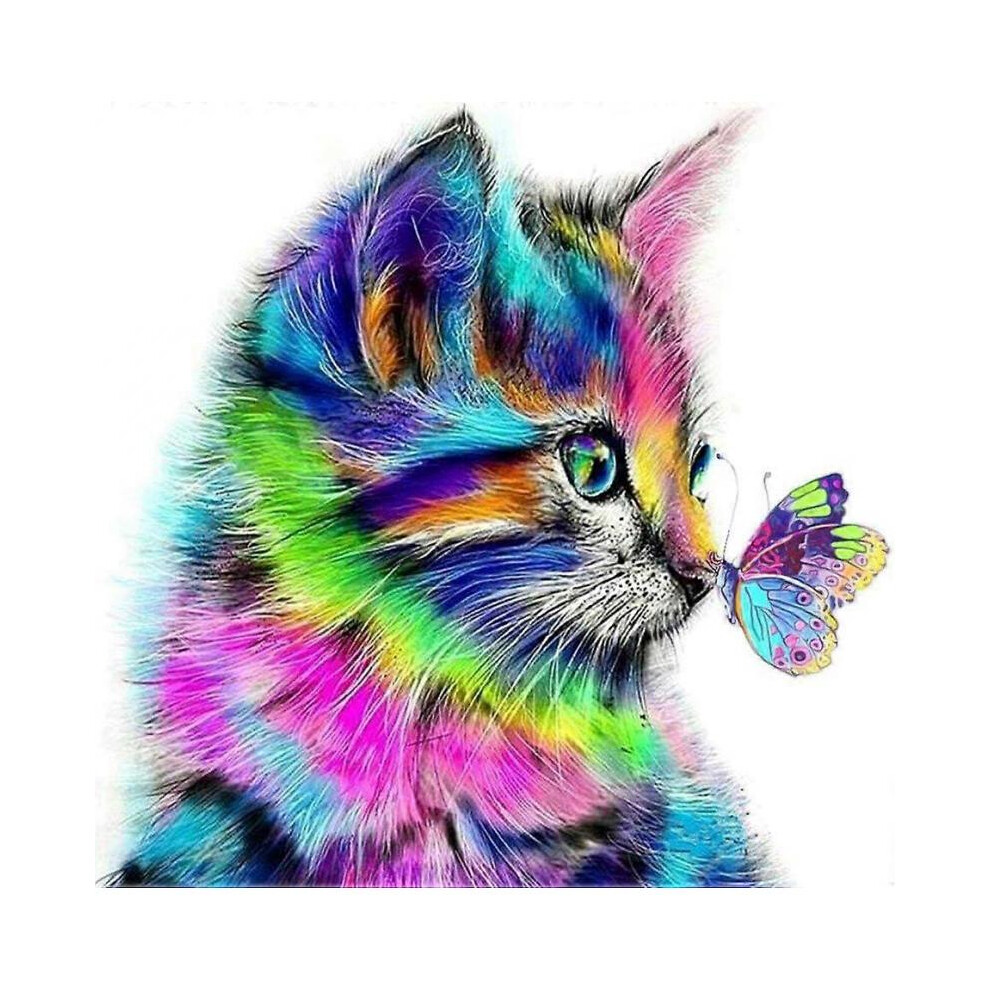 Complete 5D diamond painting kit, cat, butterfly, crystal, art, rhinestone embroidery (30 x 30 cm)