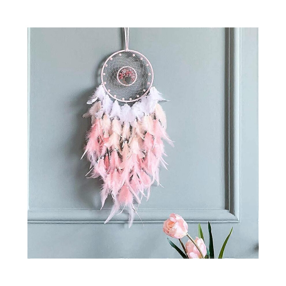 Dream Catcher Tree Of Life Wall Decor, With Natural Healing Crystal Stone, Handmade Dreamlike Dream Catchers Gift Pink