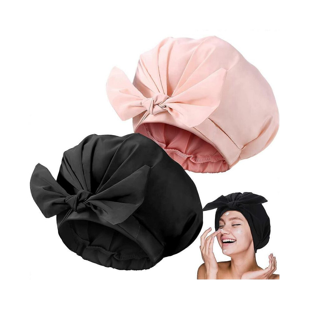 2 Pieces Shower Caps Adjustable Bow-knot Bath Hair Caps Reusable Waterproof Turban Shower Hat Bath Cap