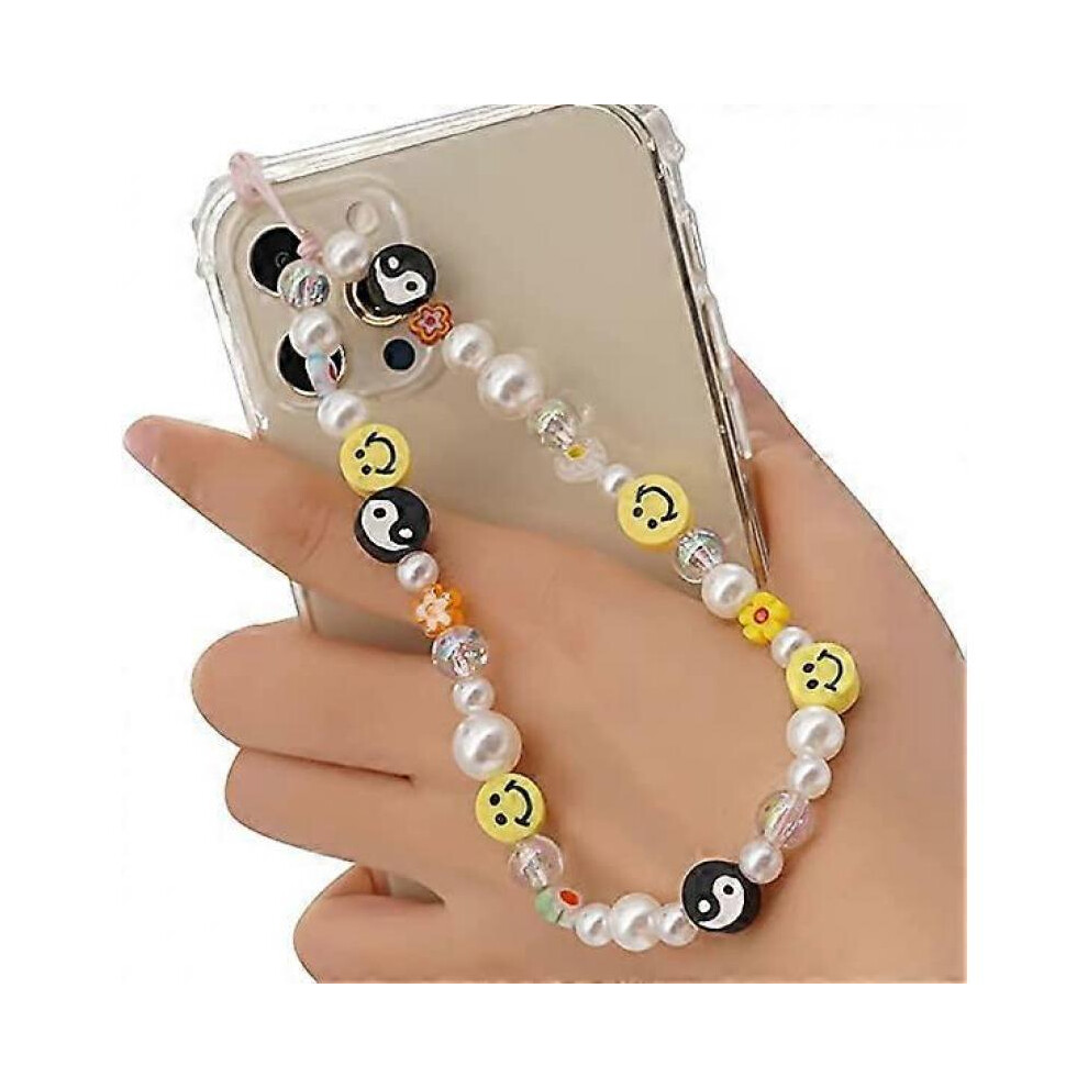 Smiley Face Beaded Phone Charm Strap, Fashion Phone Lanyard Wrist Strap, Anti-Lost Crystal Beaded Lanyard 5004229946106