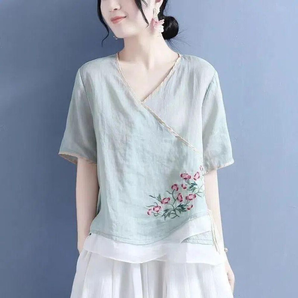 (S, green) Summer Literary Vintage Embroidery Short Sleeve Shirt Ladies Loose Casual Cotton Linen All-match Pullover Top Women Blouse