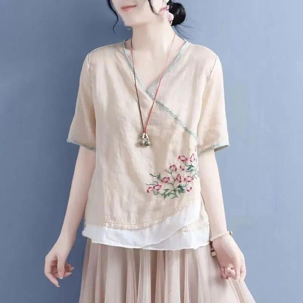 (L, apricot) Summer Literary Vintage Embroidery Short Sleeve Shirt Ladies Loose Casual Cotton Linen All-match Pullover Top Women Blouse