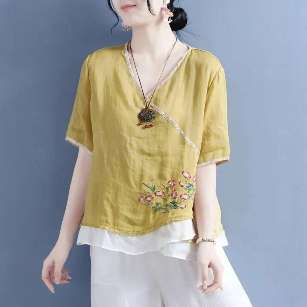 (M, yellow) Summer Literary Vintage Embroidery Short Sleeve Shirt Ladies Loose Casual Cotton Linen All-match Pullover Top Women Blouse