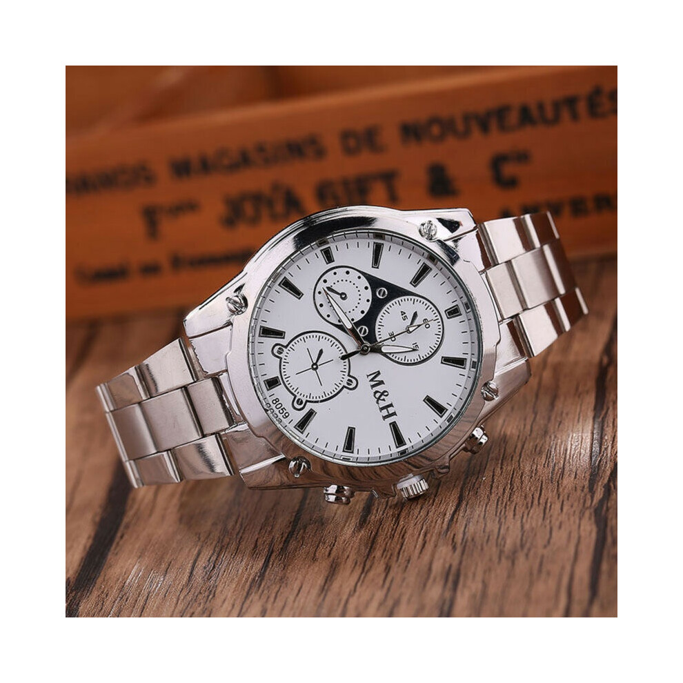 ( Silver)Montre-Bracelet Homme Mode Luxe Cadran Or Bracelet Acier Inoxydable Analogique Quartz