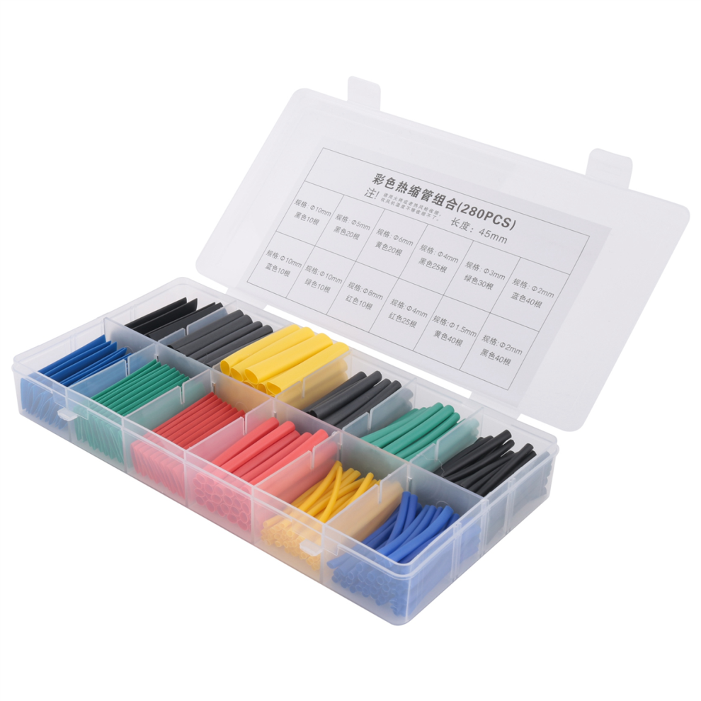 Lot de 280 gaines thermorétractables 2:1 pour câbles électriques, gaines isolantes assorties, 5 couleurs et 8 tailles, dans une boîte en plastique