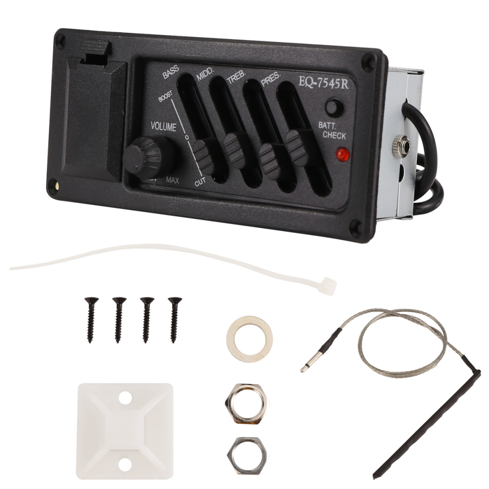 Complete kit EQ Pre-Amp plus pickup voor akoestische gitaar 7545R-4 Bands Colume Control, geleverd met een batterijdoos