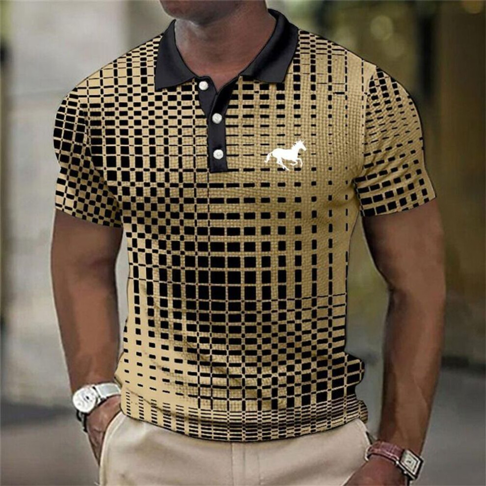 (yellow, XL) 3D Digital Print Stripe Short Sleeve Polo Shirt Men Summer Casual Polo Shirt Button Lapel Polo Shirt Golf Polo Shirt Tops