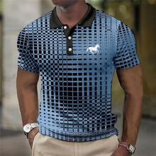 (blue, L) 3D Digital Print Stripe Short Sleeve Polo Shirt Men Summer Casual Polo Shirt Button Lapel Polo Shirt Golf Polo Shirt Tops