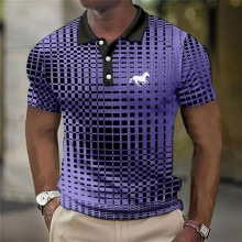 (purple, L) 3D Digital Print Stripe Short Sleeve Polo Shirt Men Summer Casual Polo Shirt Button Lapel Polo Shirt Golf Polo Shirt Tops