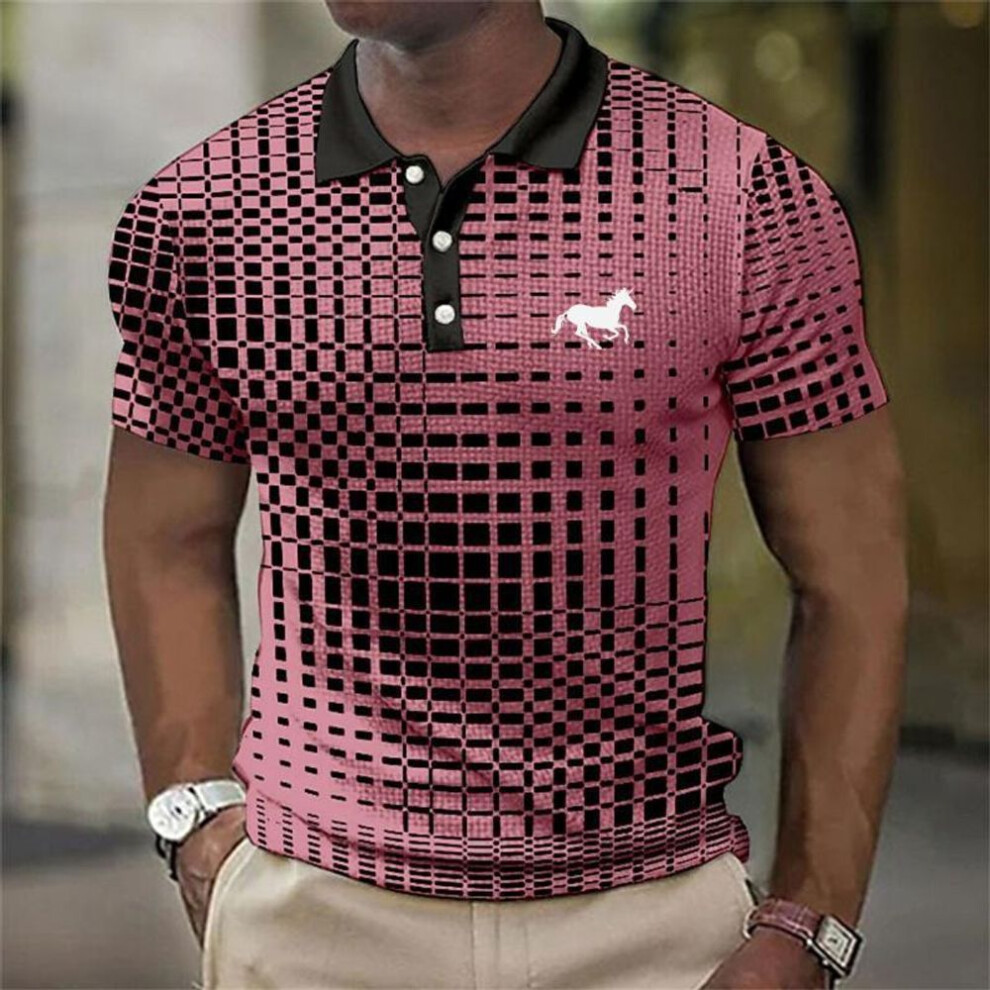 (pink, L) 3D Digital Print Stripe Short Sleeve Polo Shirt Men Summer Casual Polo Shirt Button Lapel Polo Shirt Golf Polo Shirt Tops