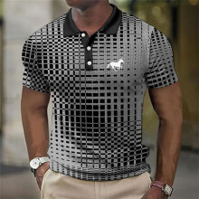 (grey, 3XL) 3D Digital Print Stripe Short Sleeve Polo Shirt Men Summer Casual Polo Shirt Button Lapel Polo Shirt Golf Polo Shirt Tops