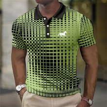 (green, L) 3D Digital Print Stripe Short Sleeve Polo Shirt Men Summer Casual Polo Shirt Button Lapel Polo Shirt Golf Polo Shirt Tops