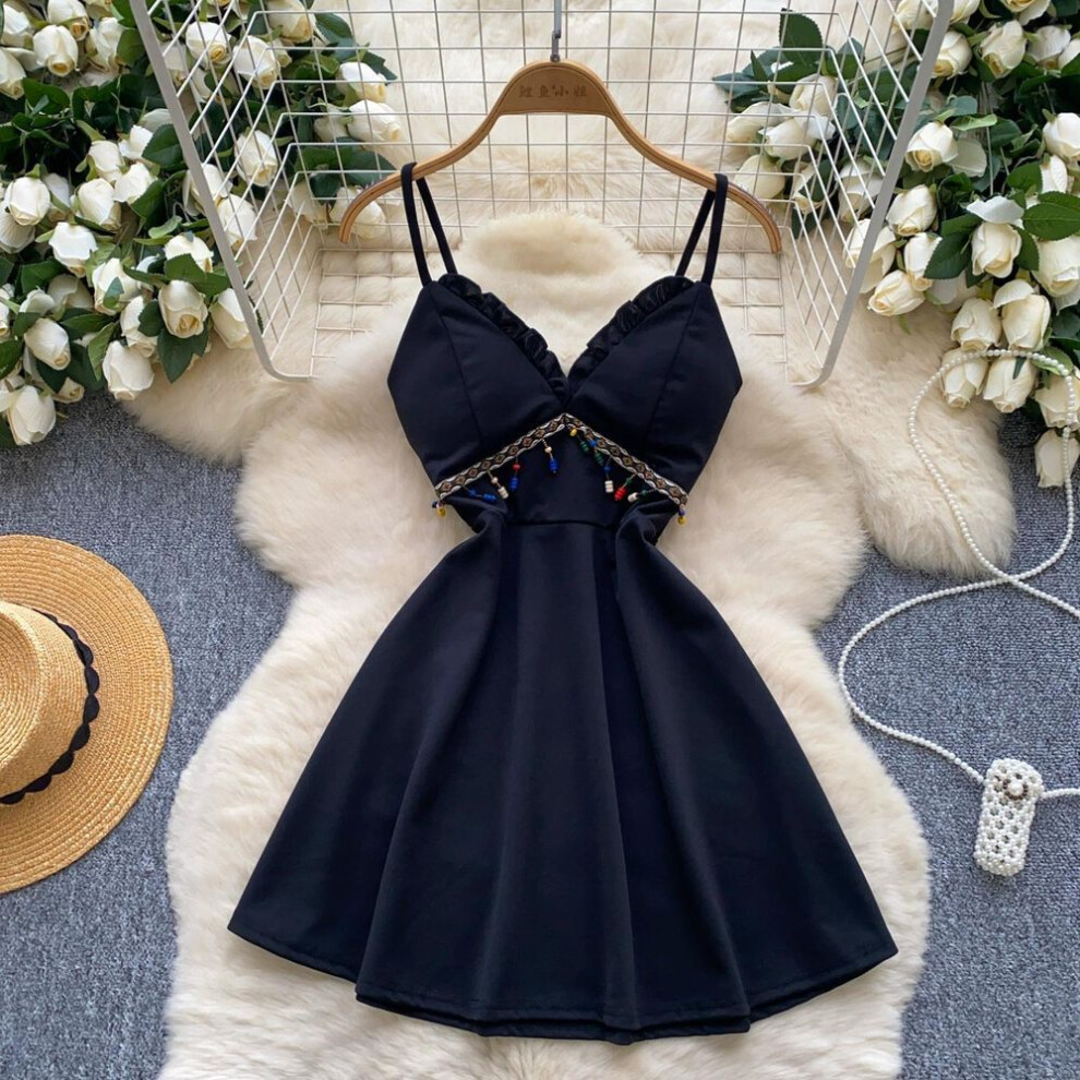 (black, M) Summer Women Sexy V-neck Spaghetti Strap Club Party Mini Short Dresses For Girls