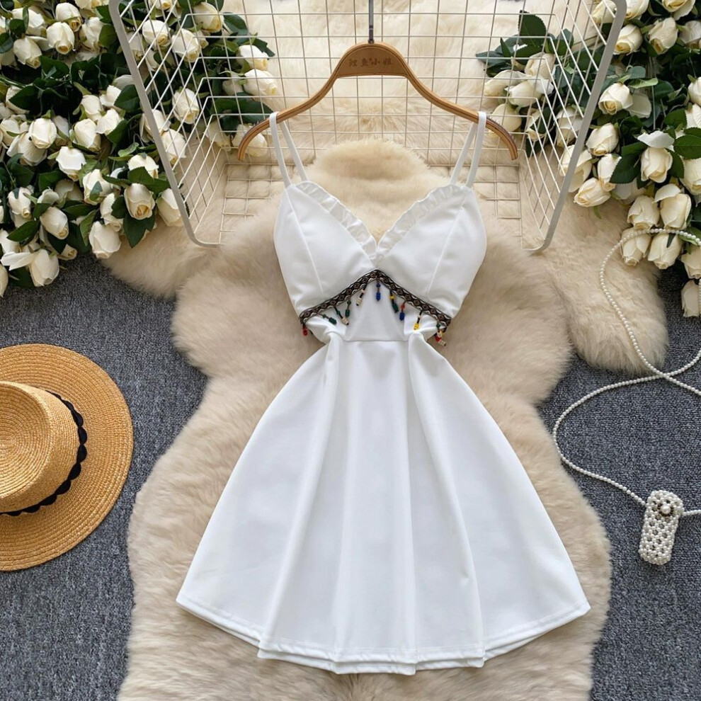 (white, L) Summer Women Sexy V-neck Spaghetti Strap Club Party Mini Short Dresses For Girls