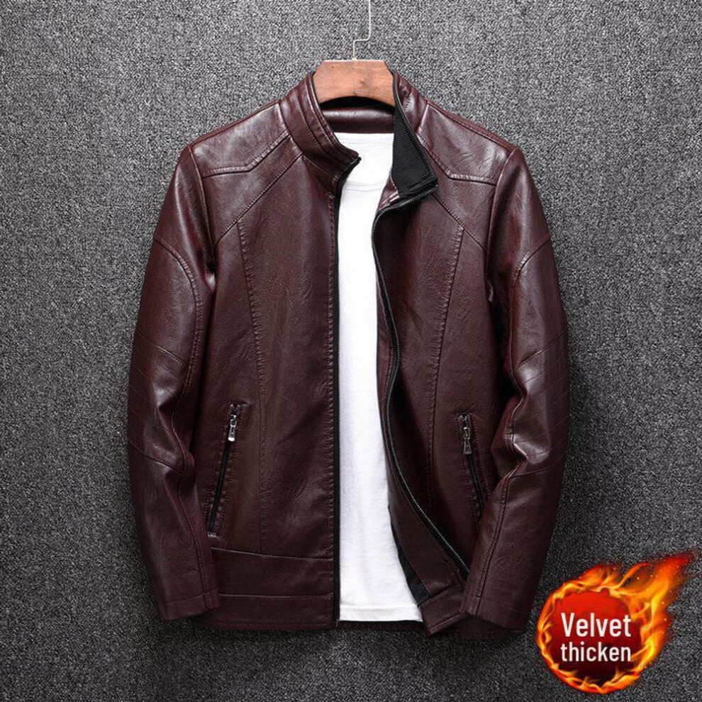 (burgundy, Plus Velvet, XL) Men's Korean Style Leather Motorcycle Jacket - Autumn/Winter Thick Velvet, Slim Fit, Trendy, Short.